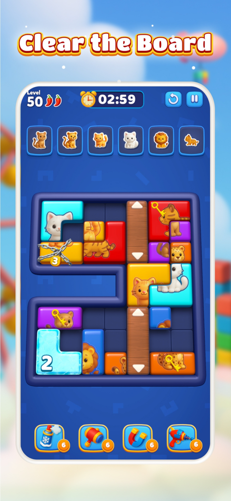 A colorful mobile puzzle game screen showing animal-themed sliding blocks with keys and locks on a grid.