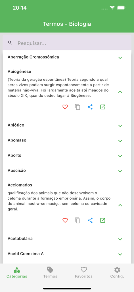 Screen showing a list of technical biology terms and definitions in Portuguese