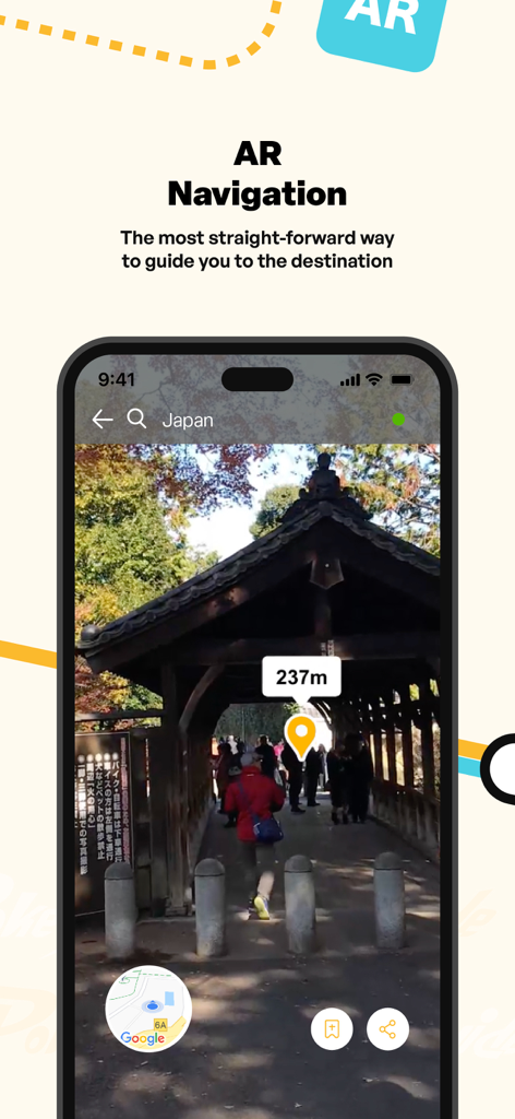 Schermata dello smartphone che mostra l'app Pokeguide che utilizza la realtà aumentata per navigare in un percorso in Giappone con un indicatore di distanza sovrapposto.