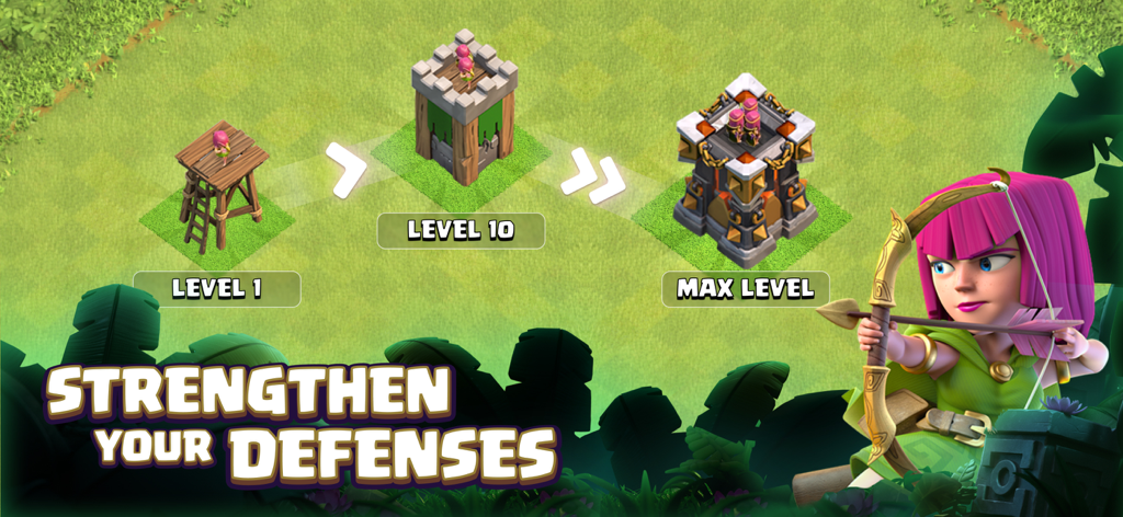 クラッシュ・オブ・クランのアーチャータワーのレベル1から最大レベルまでの進化を示し、防御アップグレードを表示。