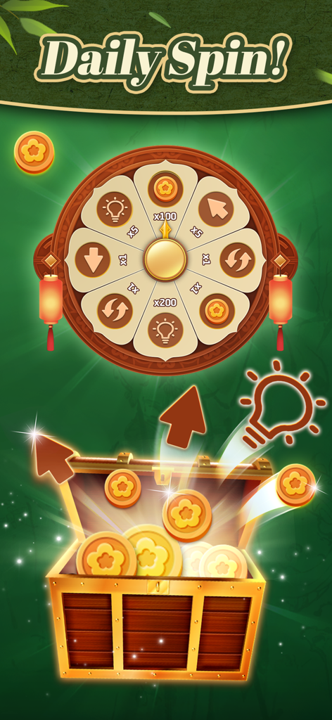 A daily spin lucky wheel and a treasure chest overflowing with gold coins and boosters in Classic Mahjong Match Master