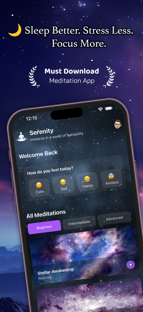 Tela inicial do aplicativo Serenity Sleep exibindo opções de monitoramento de humor e categorias de meditação sobre um fundo de galáxia estrelada.