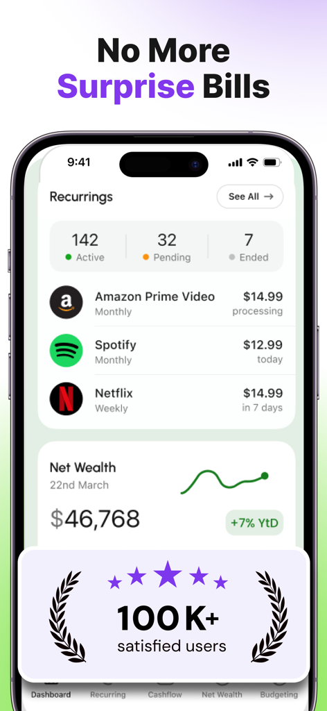 MonoBoost Cancel Subscriptions - MonoBoost app dashboard showing a list of recurring subscriptions and net wealth growth.