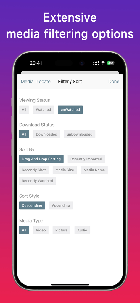 Oberfläche mit Medienfilter- und Sortieroptionen in der Media Pro App