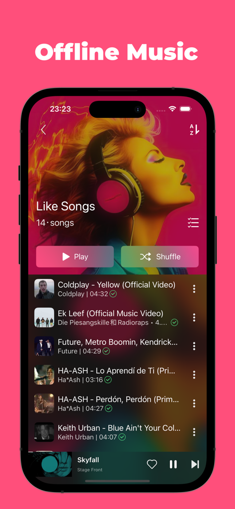 Lark Music: Offline Player,Mp3 - Lark Music app interface showing an offline playlist titled Like Songs on a smartphone