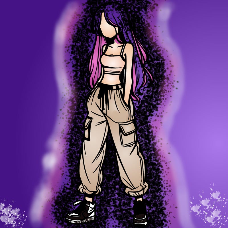 girl in baggy pants crop top and long hair