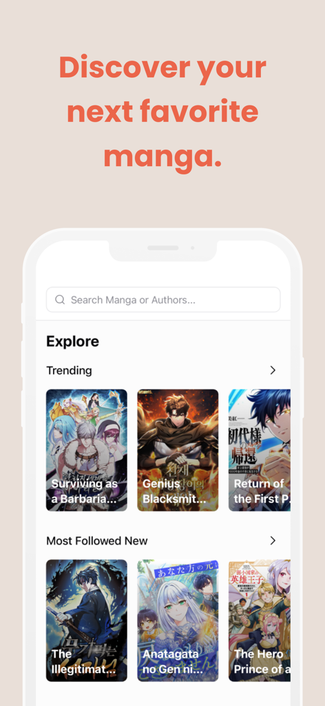 MangaTime - Manga Tracker - MangaTime app interface showing trending and new manga manhwa and manhua titles in the explore section