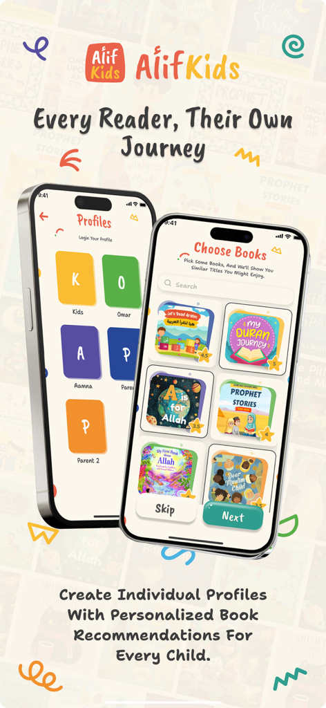 Two mobile phone screens from the Alif Kids app showing individual user profile setup and a personalized selection of Islamic children books like My Quran Journey and Prophet Stories.