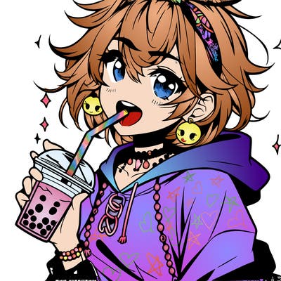 hot baddie anime girl drinking boba and biting the straw