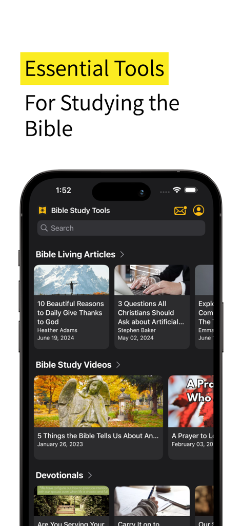 Bible Study Tools - Bible Study Tools app home screen featuring religious articles and study videos