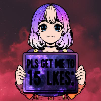 realistic girl holding up a sign that says “pls get me to 15 likes!”