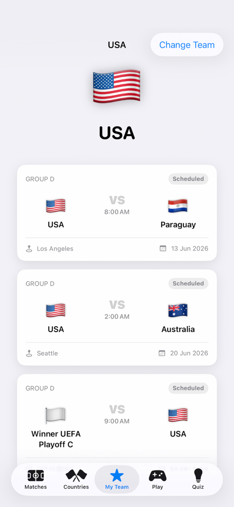 Soccer 2026 app interface showing the USA national team match schedule and fixtures