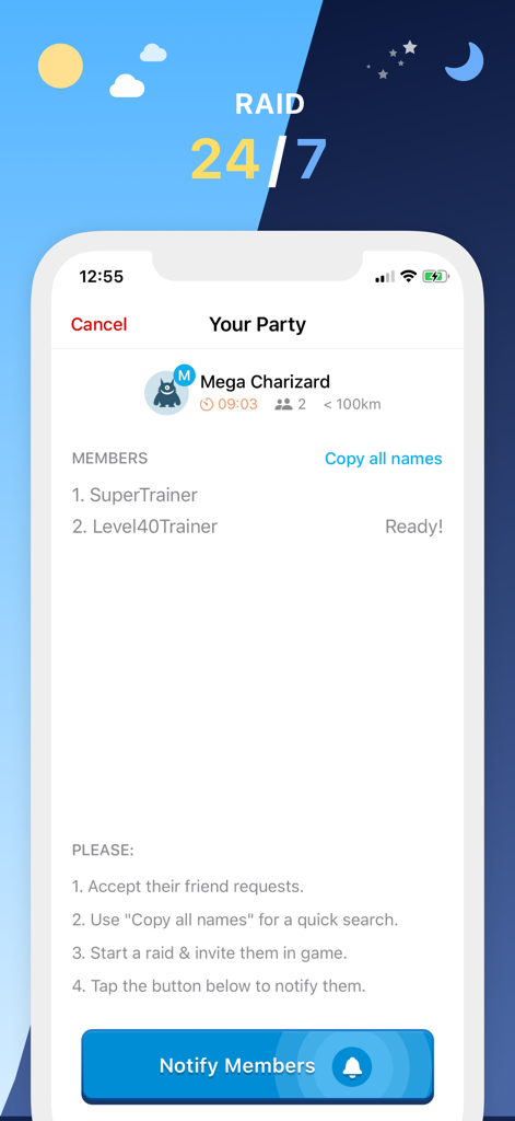 Mobile app interface showing a Mega Charizard raid party lobby with member status