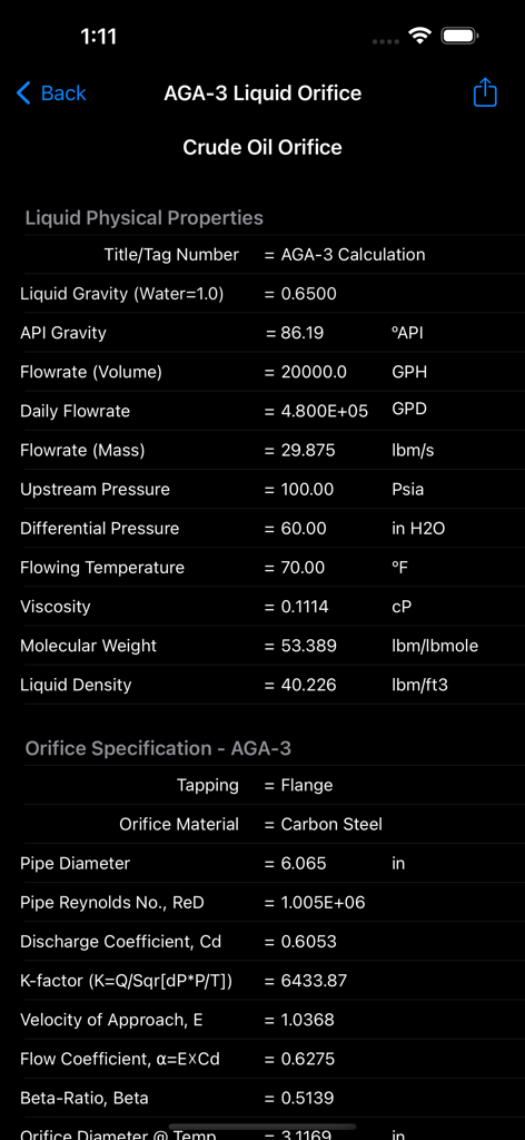 Interface of the AGA-3 Orifice app showing crude oil physical properties and technical specifications for engineering calculations