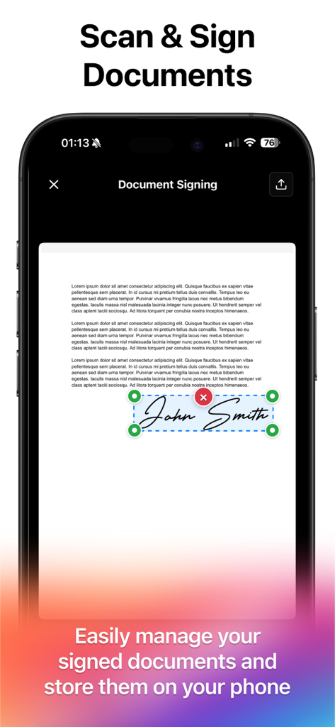 PDFドキュメントにデジタル署名が配置されている様子を示すiPhone画面