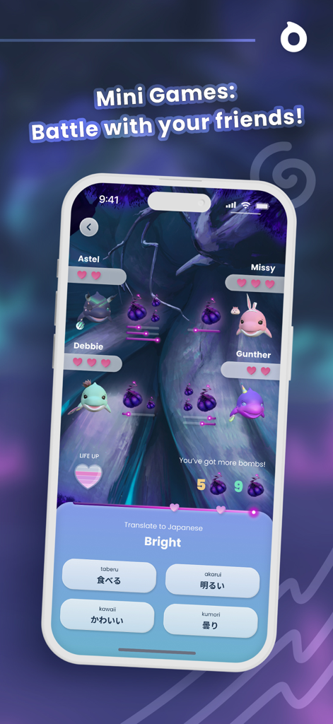 Fluyo - Fun Language Lessons - Fluyo app interface showing a Japanese language battle mini game with friends and dolphin avatars