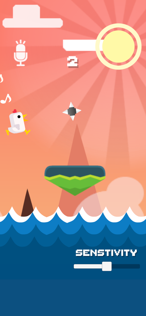 A white chicken character jumping over a spike obstacle in a voice controlled platformer game with a sensitivity slider