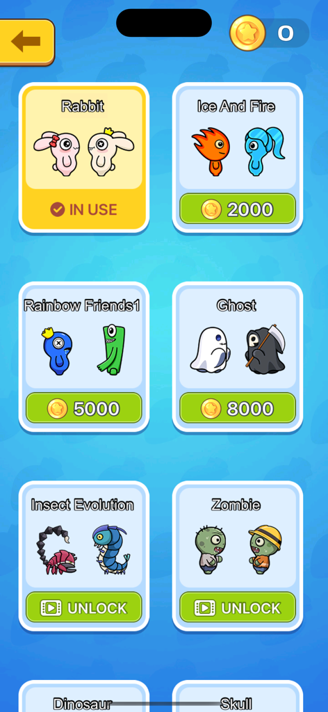 Character selection screen for 2 Player Games Collection featuring various cartoon skins like rabbits and ghosts