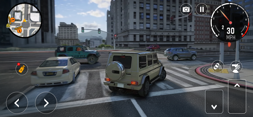 Car Driving City Racing Games - A beige SUV driving through an urban city intersection in a mobile racing game