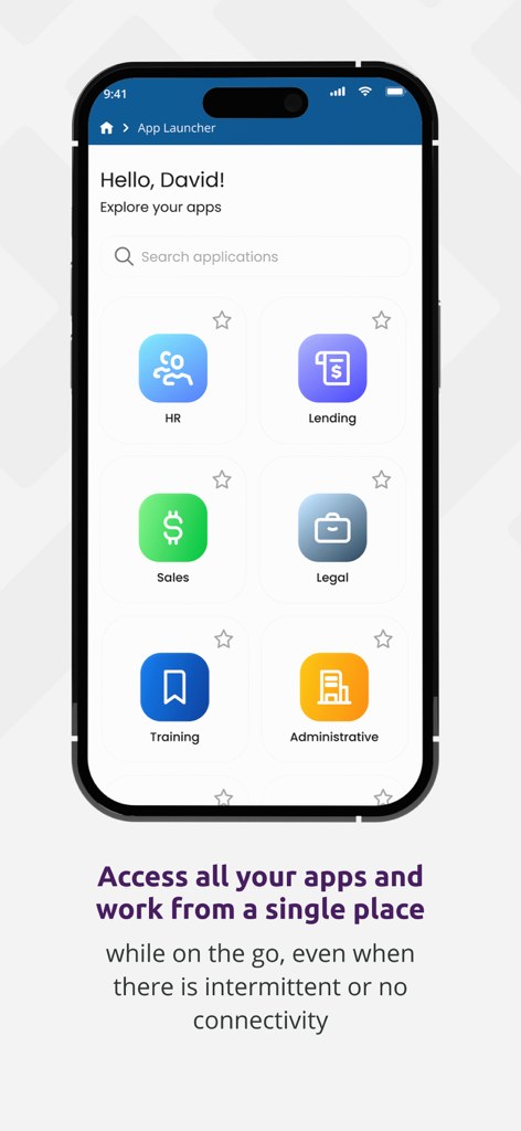 Interface móvel Bizagi mostrando um painel de aplicativos de negócios automatizados como RH Vendas e Jurídico