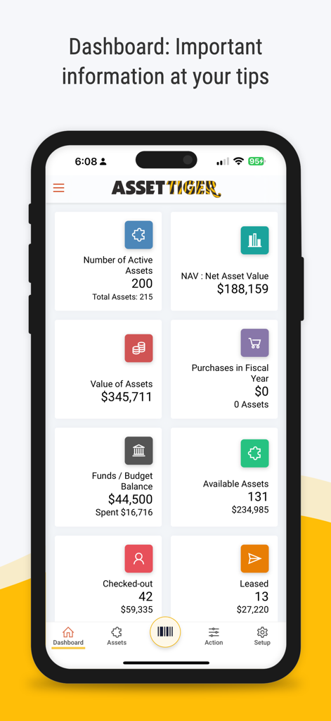 Asset Tiger mobile app dashboard showing active assets, net asset value, and budget metrics on an iPhone.