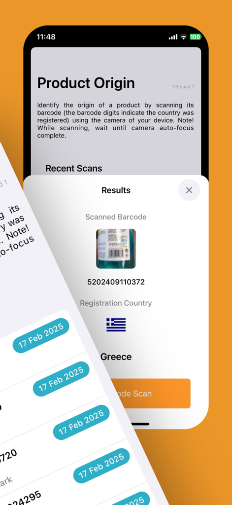 A smartphone screen displaying the Product Origin app with a barcode scan result for a product registered in Greece.