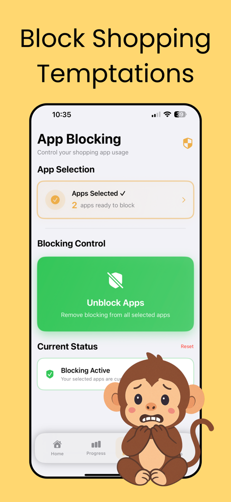 Stop Compulsive Shopping - MindfulMonkey app screen showing the feature to block shopping apps and control temptations