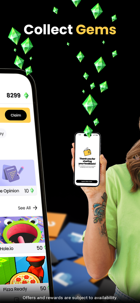 A hand holding a smartphone showing a thank you message for a survey with green gems floating above and the text Collect Gems.