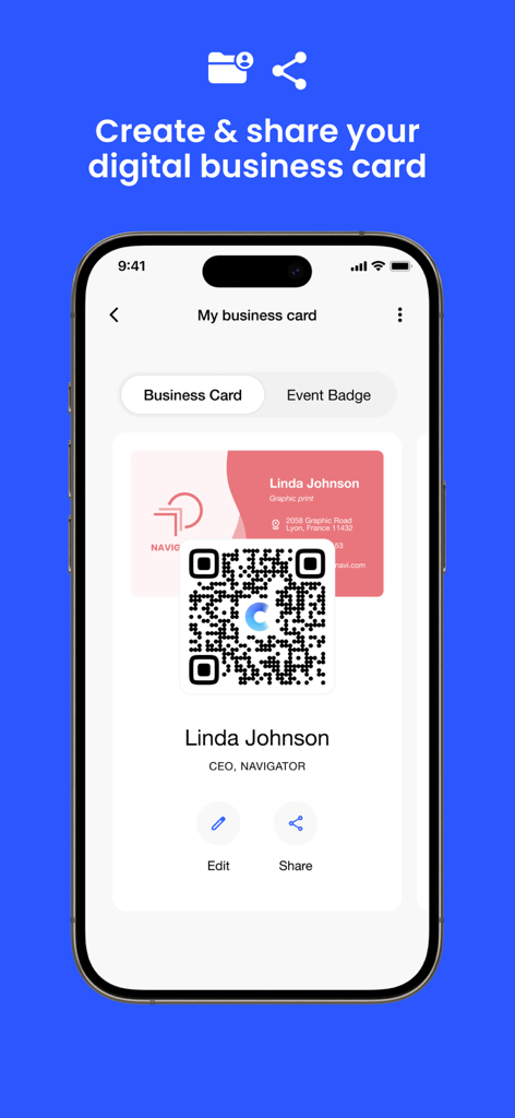 Digital business card featuring a QR code on a smartphone screen.