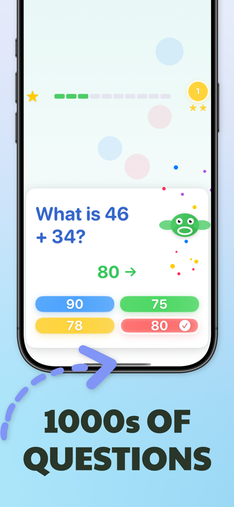 A smartphone screen displaying a 3rd grade addition math problem with multiple choice answers and a thousands of questions caption