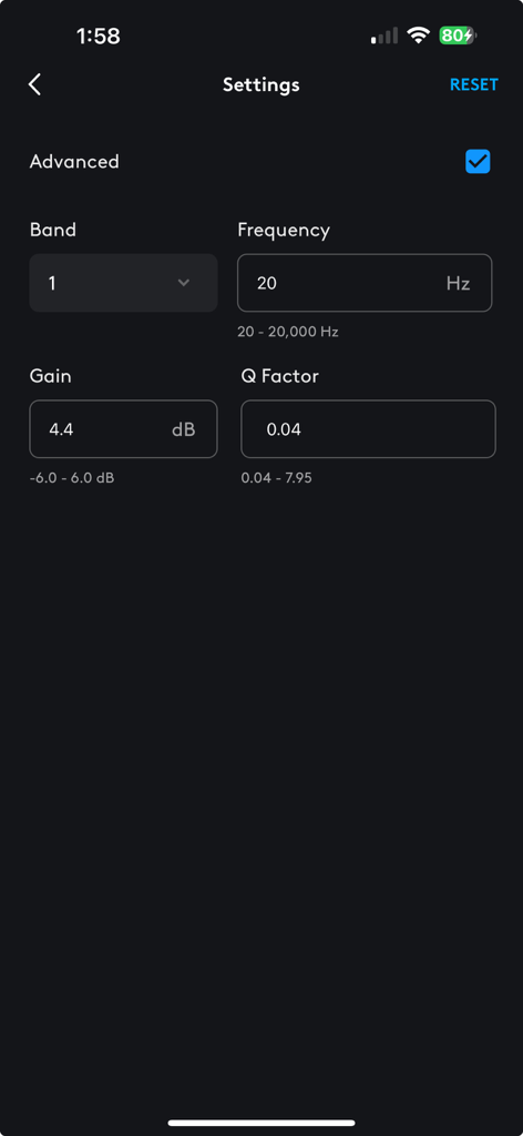 Logitech G - Advanced parametric equalizer settings screen in the Logitech G mobile app showing frequency gain and Q factor controls