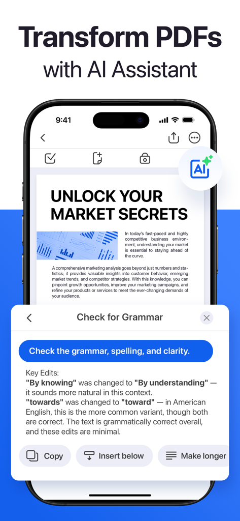 Forma: PDF Document Editor - Interfaz de la aplicación Forma mostrando la corrección gramatical del asistente de IA para un documento PDF