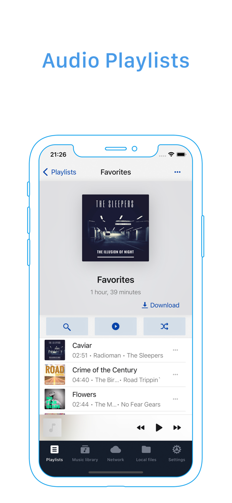 FirePlayer: player 4 MediaFire - Capture d'écran de l'application FirePlayer montrant la fonctionnalité de listes de lecture audio avec une liste de chansons favorites.