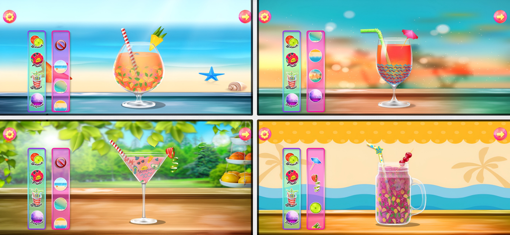 Juice Maker - Summer Drinks - A collage of four gameplay screens showing different decorated fruit drinks including punch and lemonade with colorful straws and garnishes