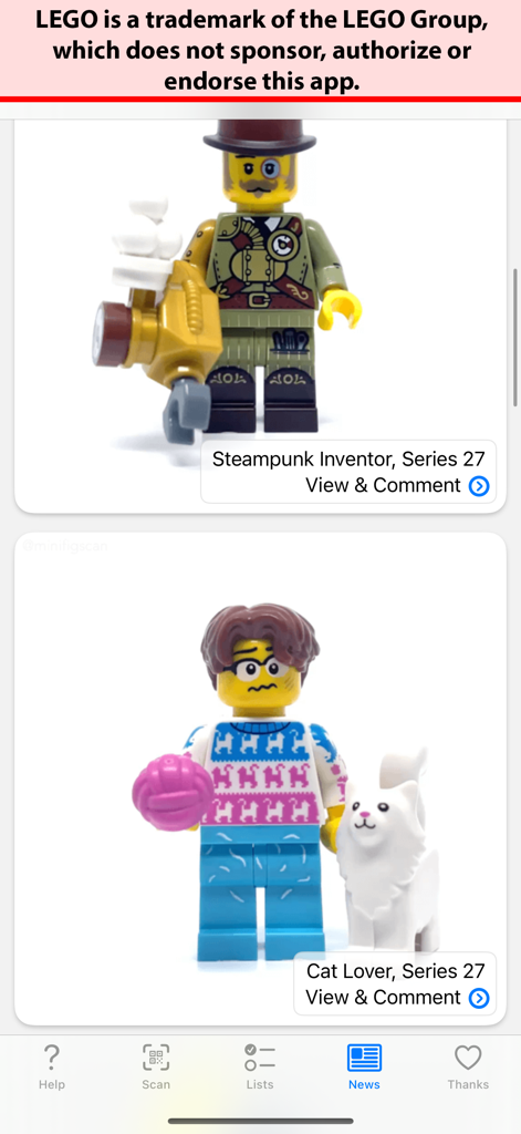 Minifig Scan - The news feed of the Minifig Scan app showing Series 27 Steampunk Inventor and Cat Lover minifigures