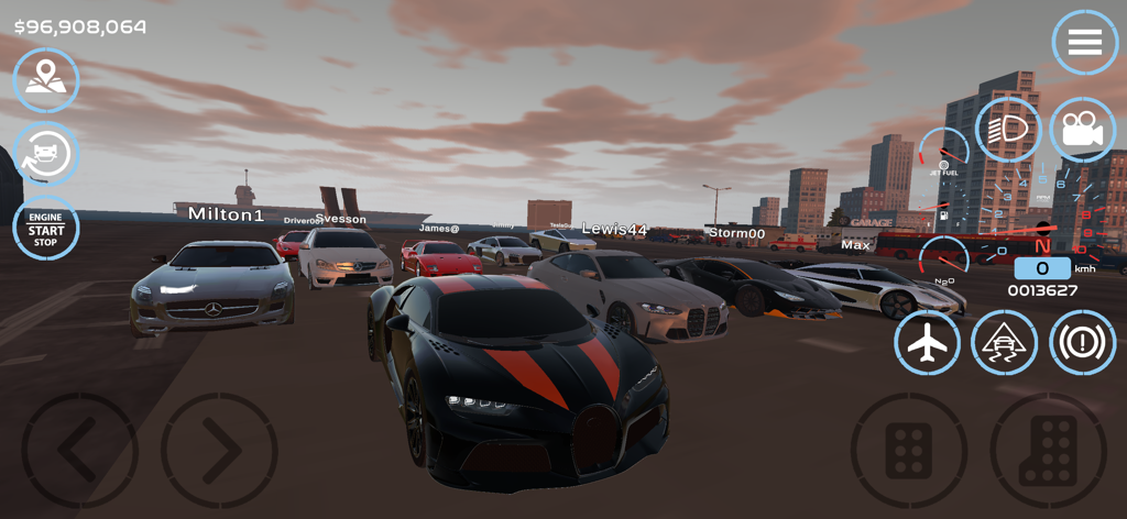 Un groupe de différentes voitures de sport garées ensemble dans l'environnement urbain en monde ouvert de Car Sim.