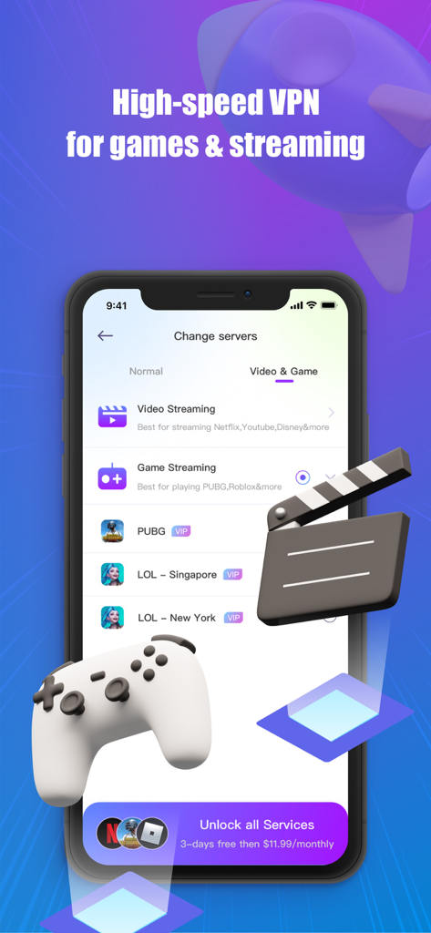 VPN Super: Unlimited Proxy - Interface of VPN Super app showing specialized servers for high speed gaming and video streaming