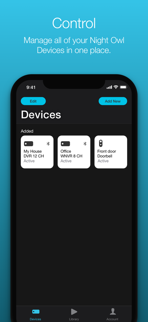 Night Owl Protect - Pantalla de la aplicación móvil Night Owl Protect que muestra una lista de dispositivos de seguridad conectados.