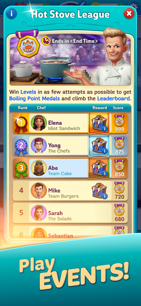 Gordon Ramsay: Chef Blast - Leaderboard screen for Hot Stove League event in Gordon Ramsay Chef Blast game