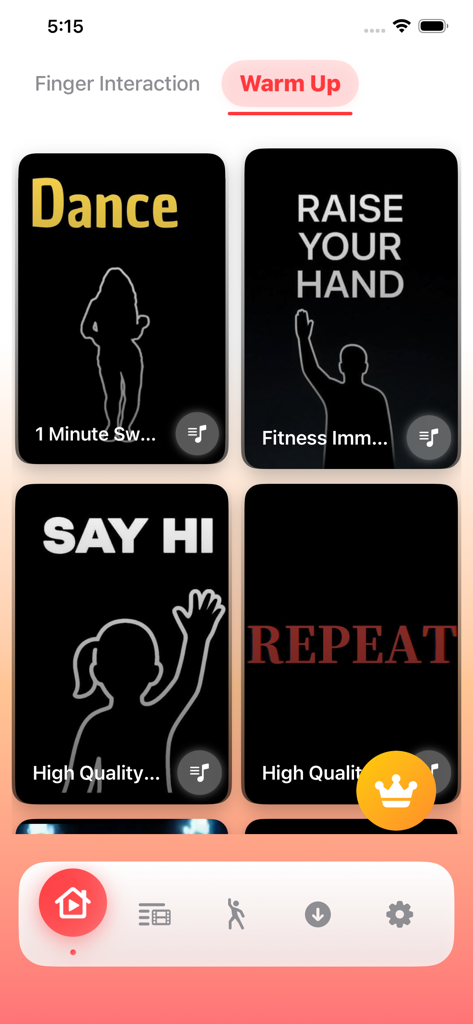Immersive Interactive Workout - Immersive Interactive Workout app interface showing the warm up video category with minimalist selection tiles