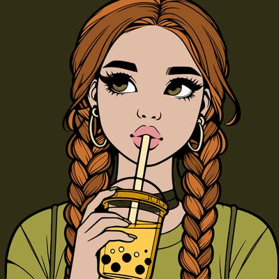 realistic girl with braided hair drinking boba