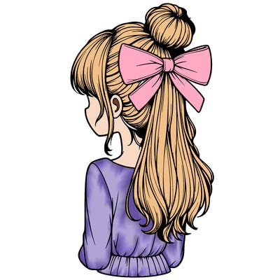 realistic girl  with hip length hair a bun and a big bow on the back of head