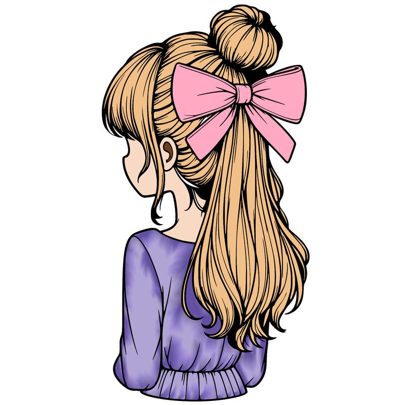 realistic girl  with hip length hair a bun and a big bow on the back of head