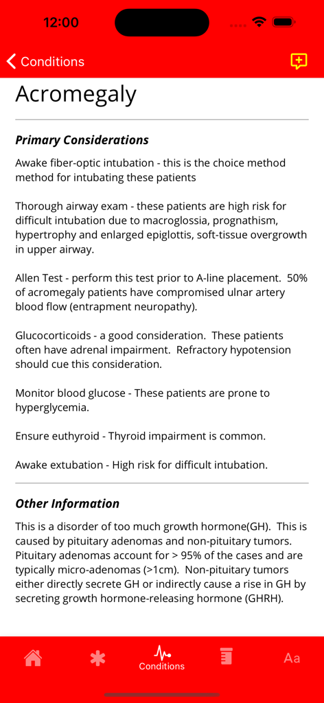 Master Anesthesia - Master Anesthesia app interface displaying clinical considerations and information for managing a patient with Acromegaly.