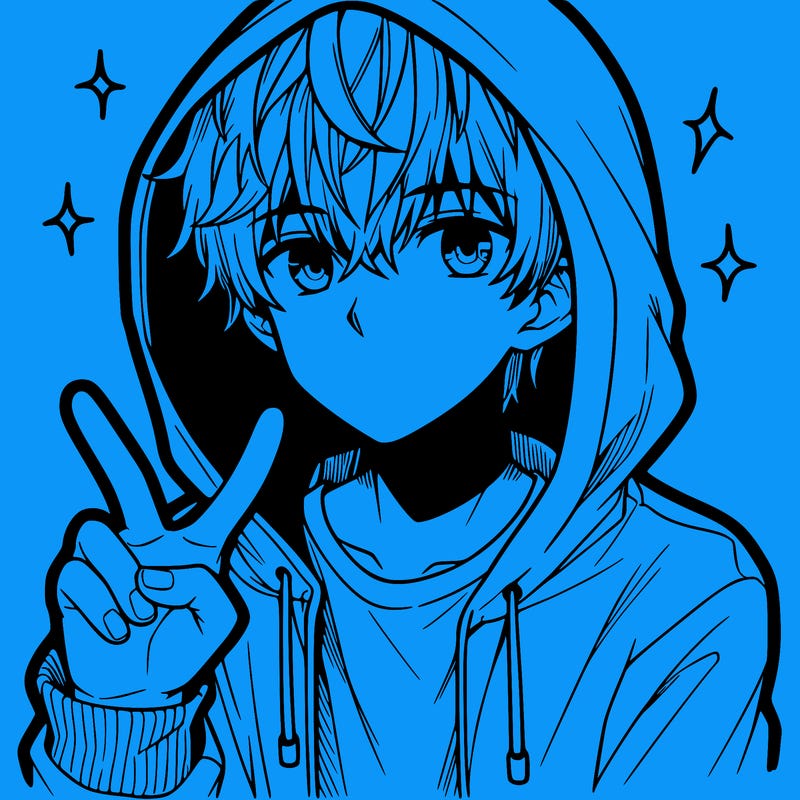 teenage manga boy in a hoodie, doing ✌