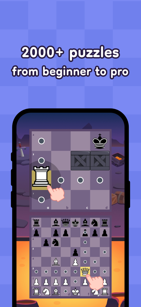Screenshot showing chess puzzles in the ChessWorld app with a hand moving pieces on a themed game board