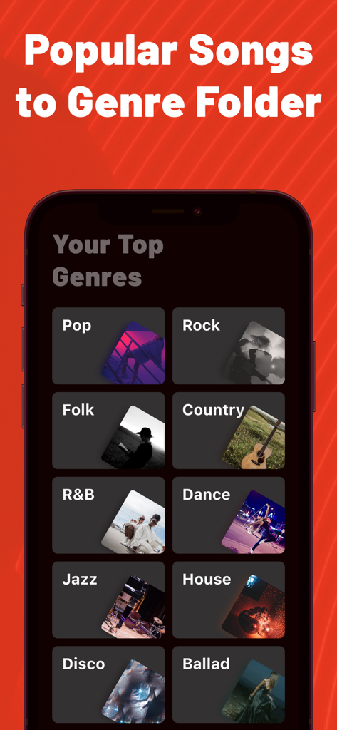 A smartphone screen from the Music Quick app showing music organized by top genres like Pop, Rock, and Jazz.
