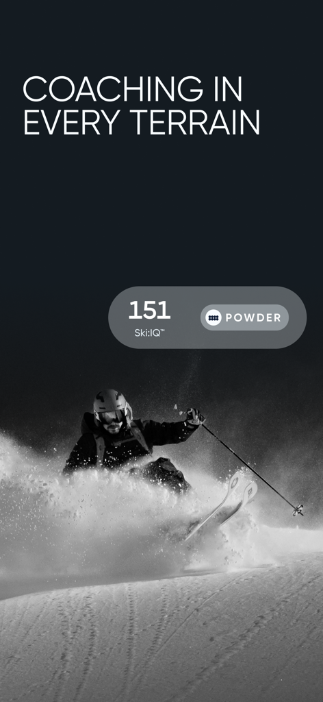 Carv app display showing Ski IQ and powder terrain detection for a downhill skier