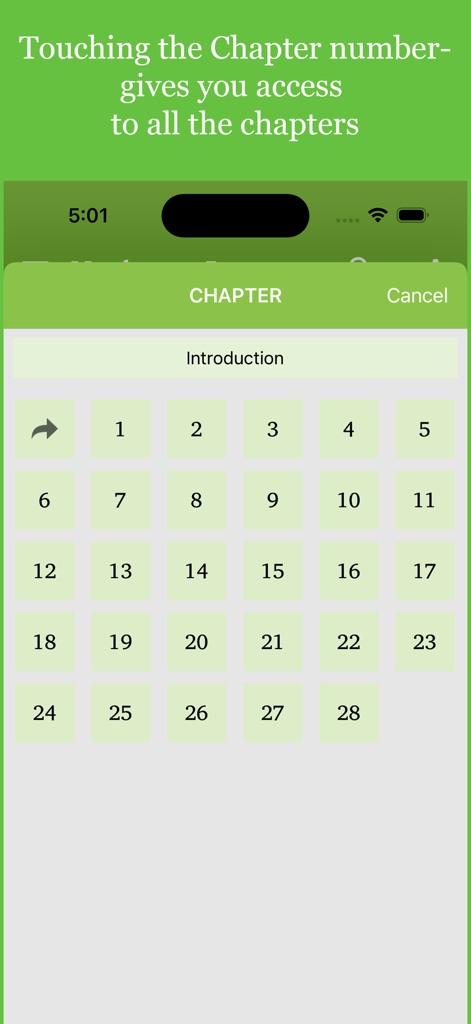 Chapter selection screen in the Pastors Study Bible app with a numbered grid for quick navigation