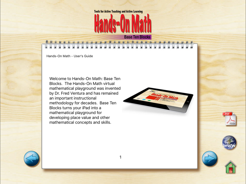 Base Ten Blocks ES - Guía del usuario para la aplicación educativa de iPad Hands-On Math Base Ten Blocks que muestra una página de introducción.